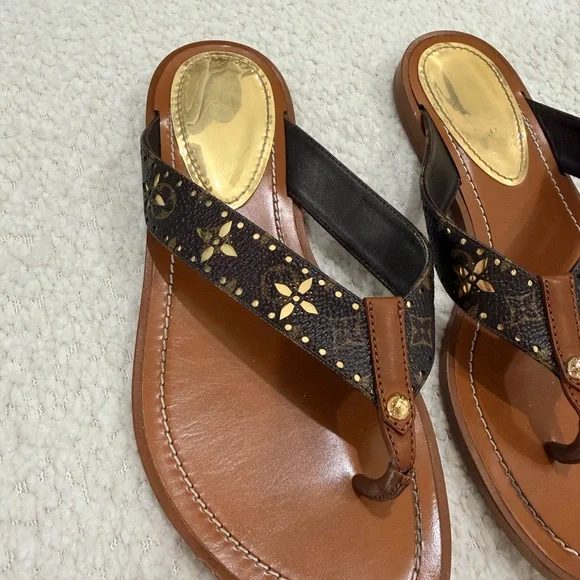 Louis Vuitton Brown and Black Sandals Flip Flops with Gold Accents 35 - Picture 4 of 8